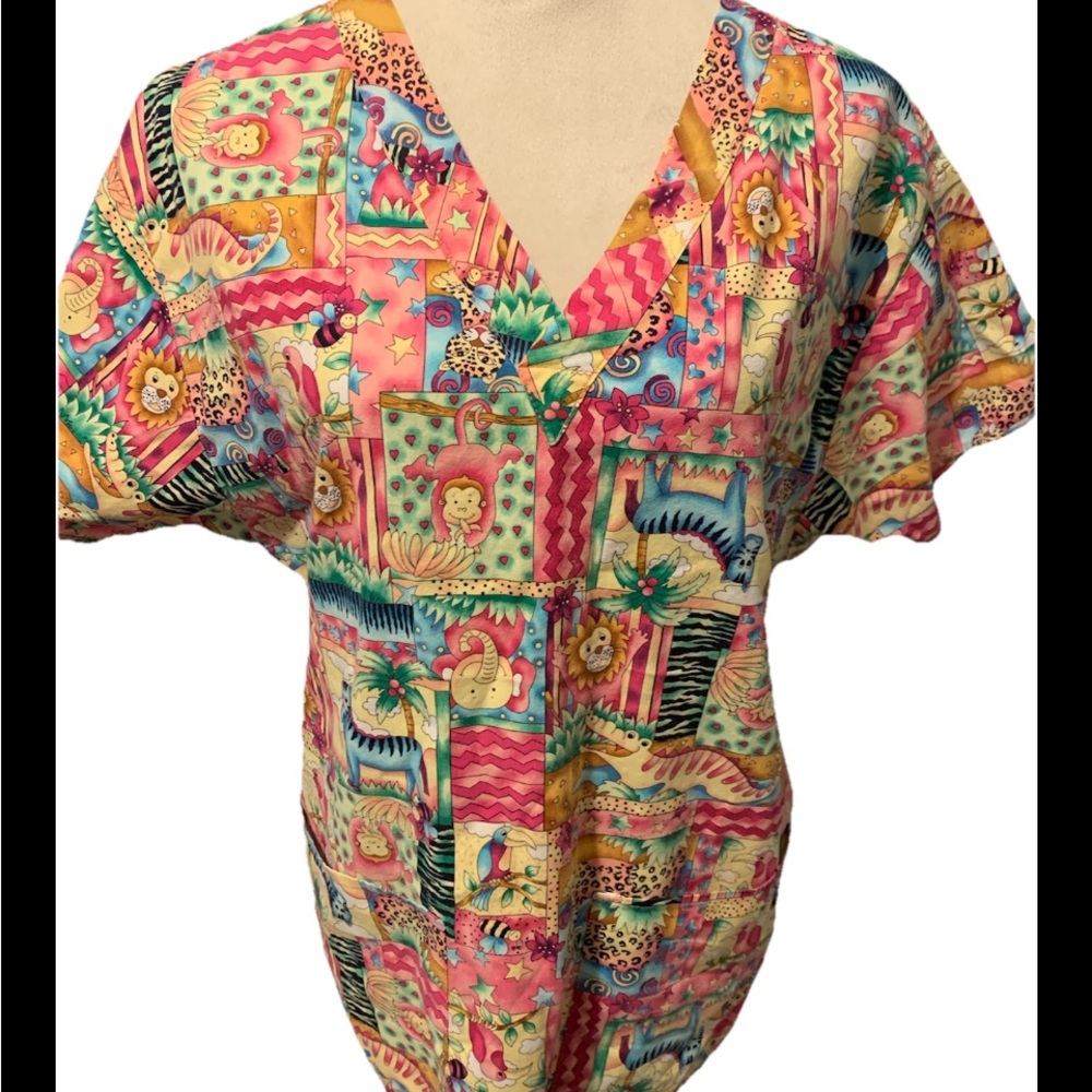 Y2K Crest Cottons Jungle Animal Print Scrub Top S 100% Cotton